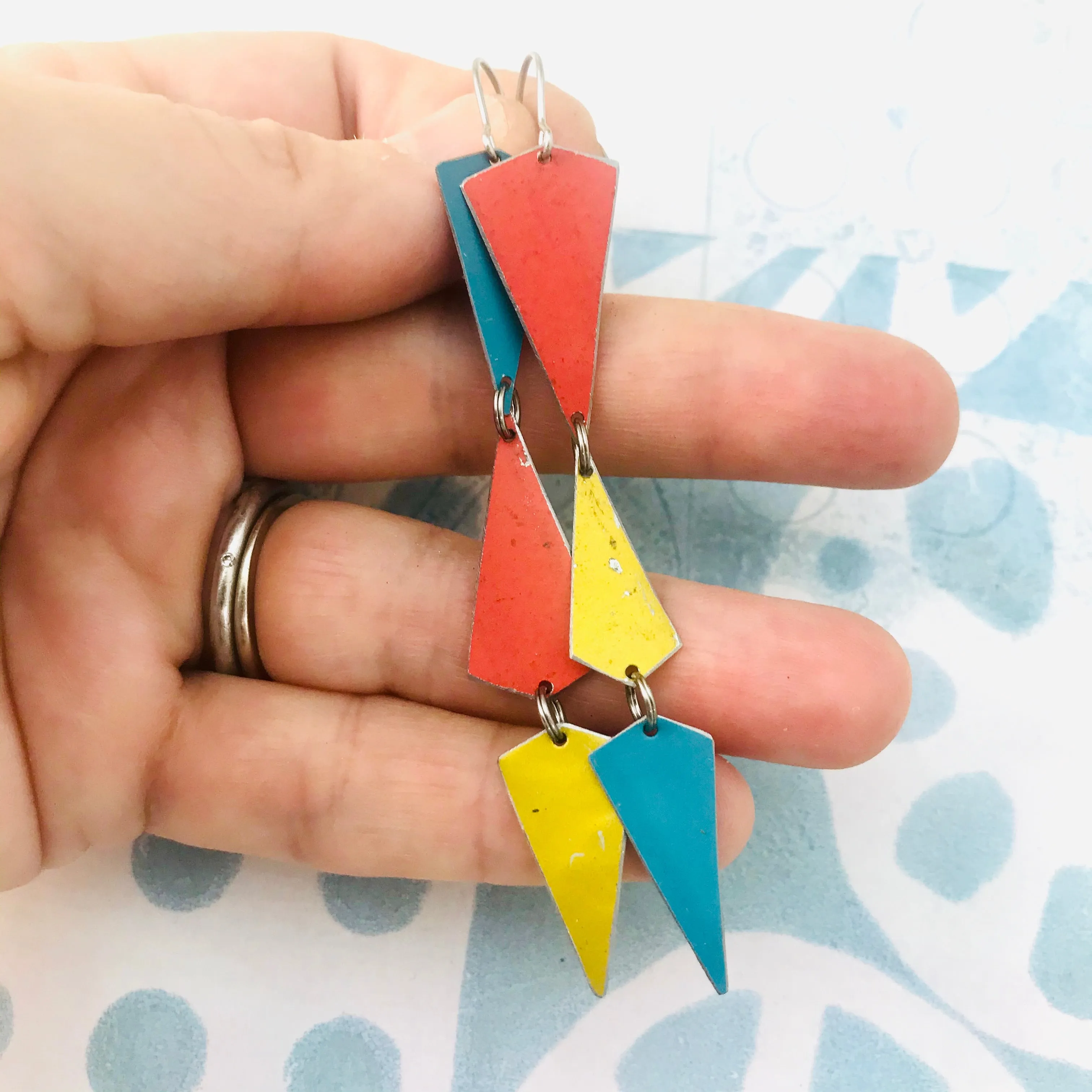 Turquoise, Gold & Coral Small Narrow Kites Recycled Tin Earrings