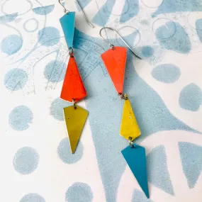 Turquoise, Gold & Coral Small Narrow Kites Recycled Tin Earrings