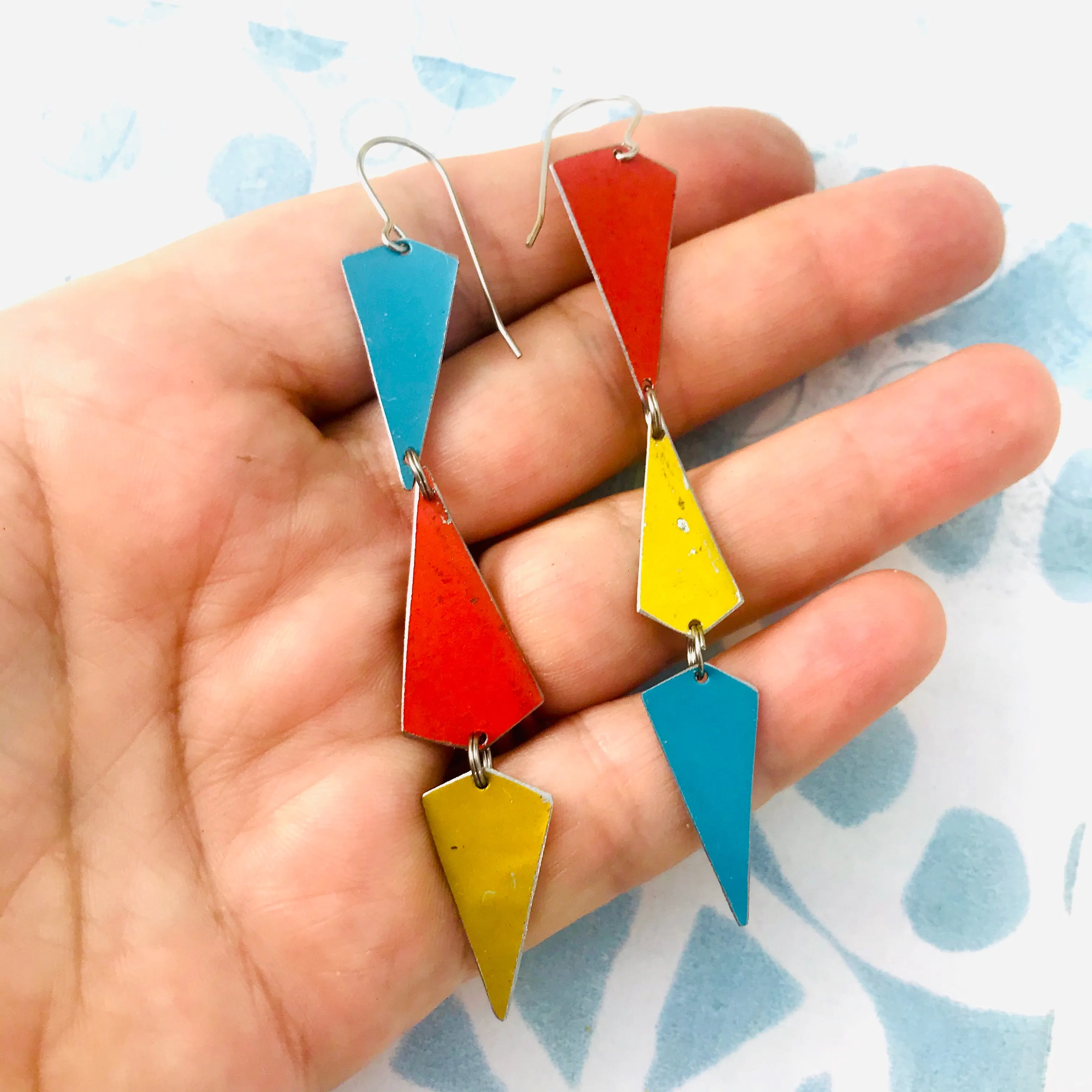 Turquoise, Gold & Coral Small Narrow Kites Recycled Tin Earrings