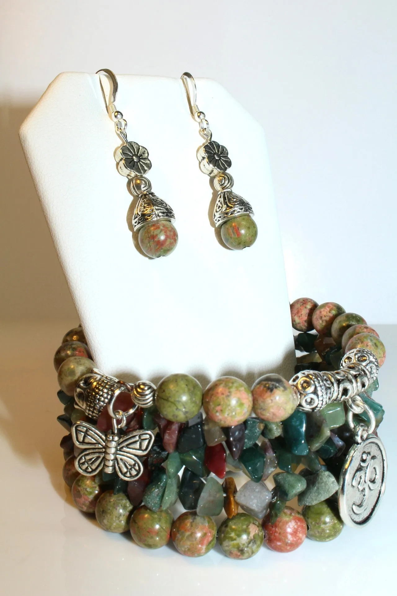 Unakite And Indian Agate Gemstone, Charms Cuff Wrap Bracelet And Earrings Set.