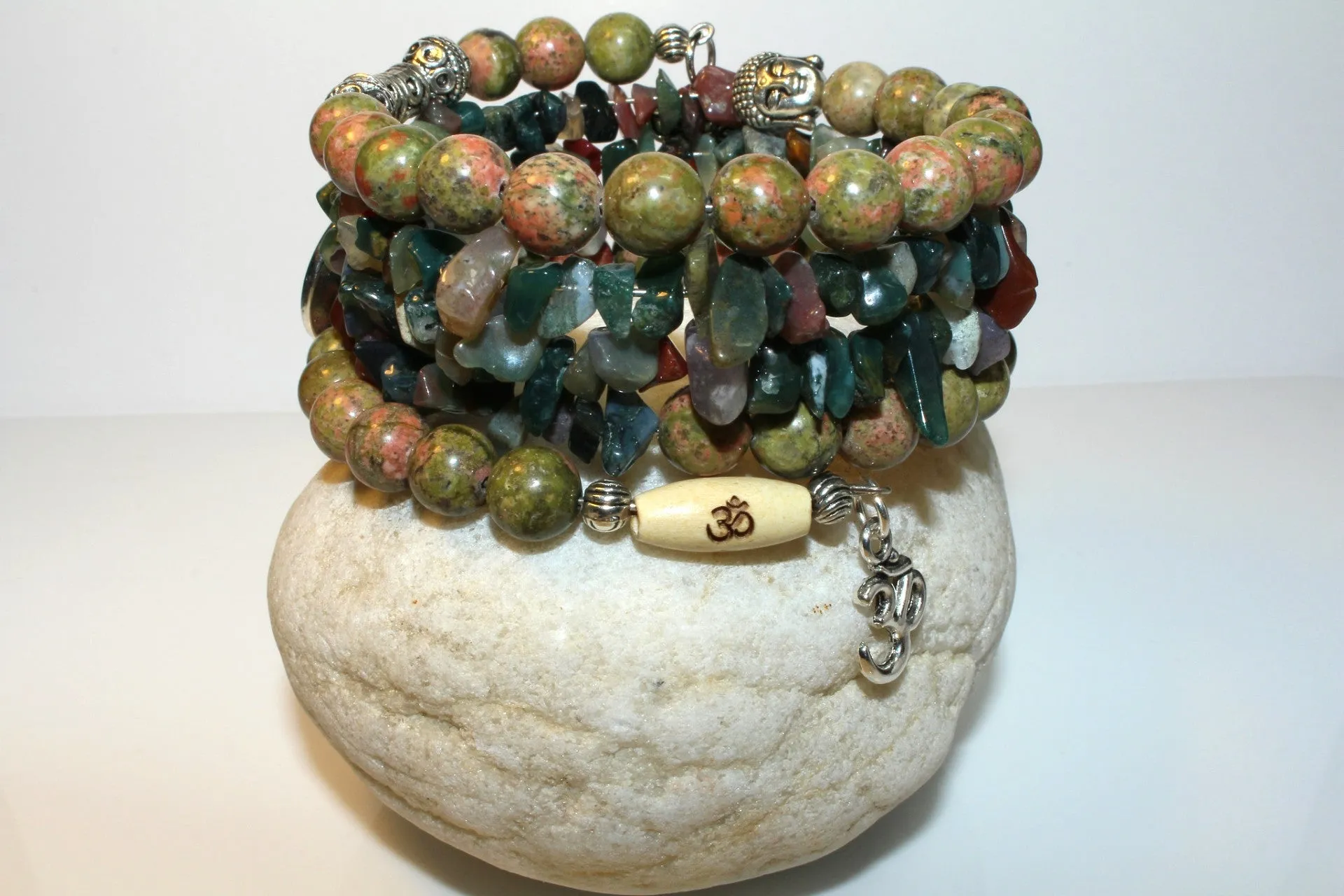 Unakite And Indian Agate Gemstone, Charms Cuff Wrap Bracelet And Earrings Set.