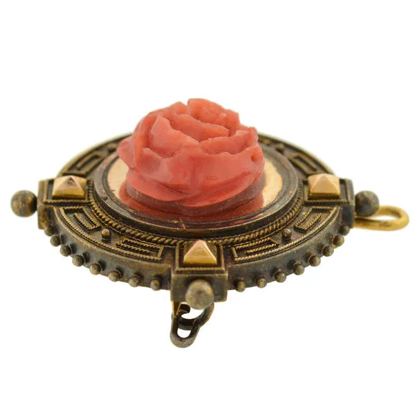 Victorian 18kt Carved Coral Rose Earring & Pin/Pendant Set