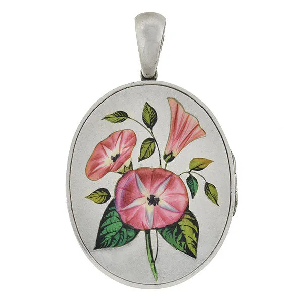 Victorian Sterling & Enamel Painted Flowers Locket