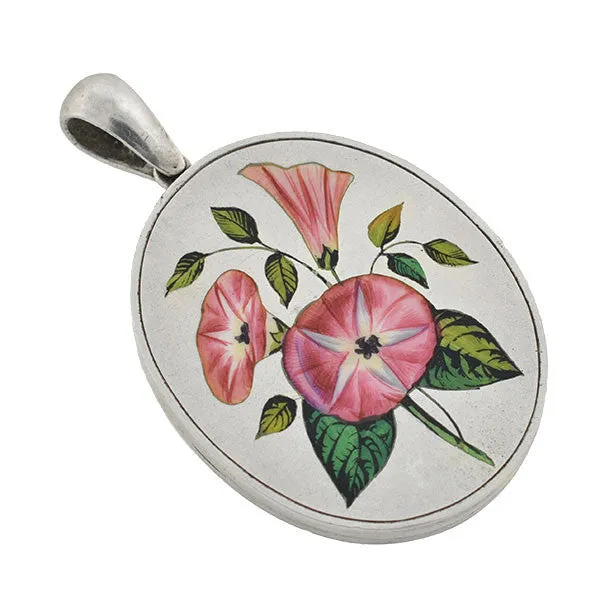 Victorian Sterling & Enamel Painted Flowers Locket