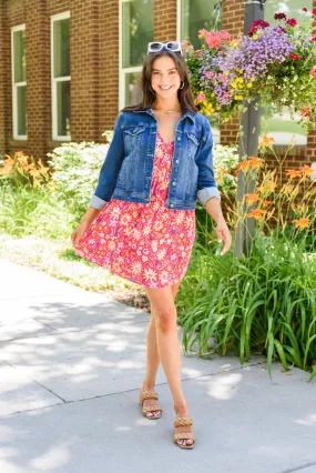 Vintage Daisies Dress In Hot Coral