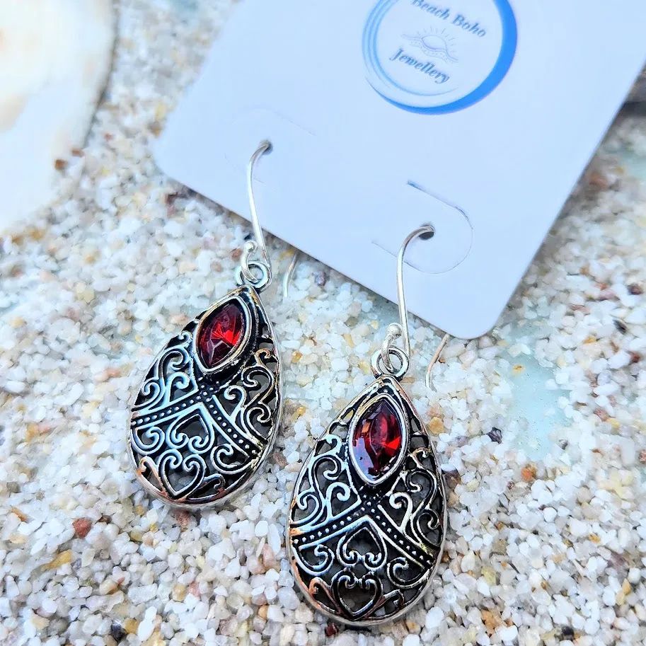 VINTAGE GARNET DROPS -  PURE SILVER HILLTRIBE HOOK EARRINGS