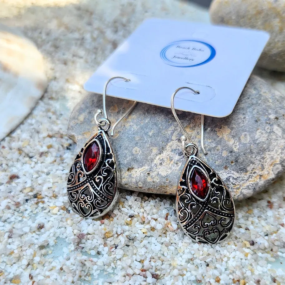 VINTAGE GARNET DROPS -  PURE SILVER HILLTRIBE HOOK EARRINGS