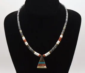 Vintage Handmade Beaded Necklace with Triangle Multi-Stone Inlaid Pendant - 17.5"