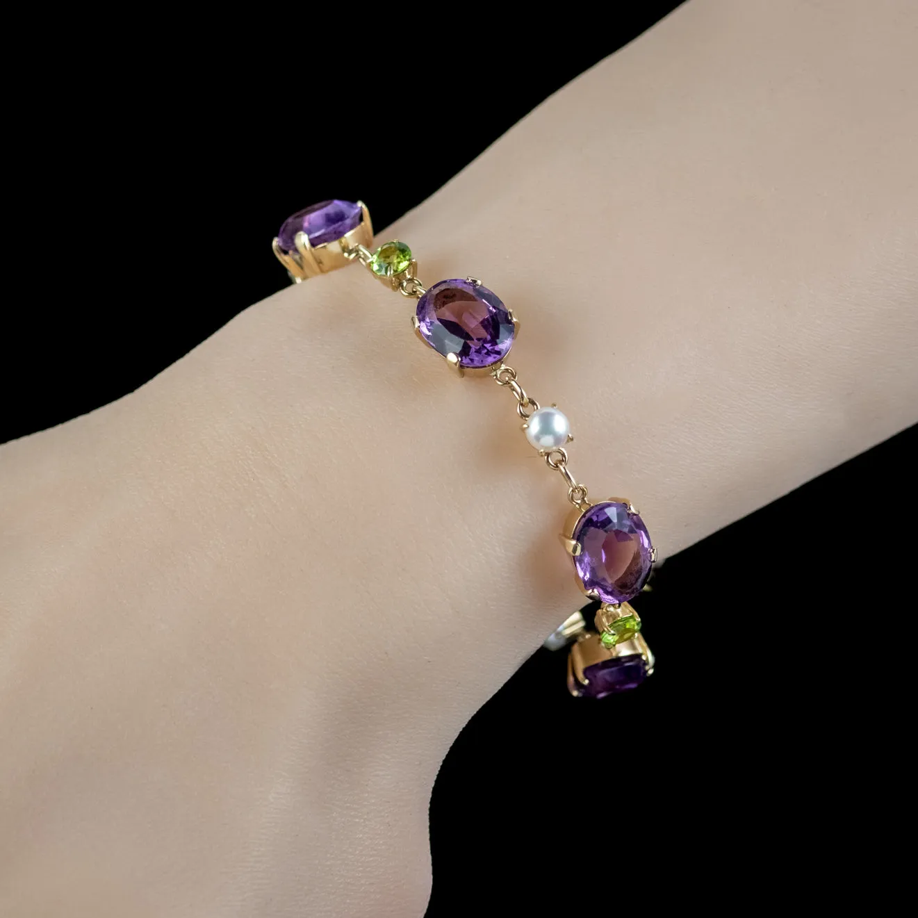 Vintage Scottish Suffragette Bracelet Amethyst Pearl Peridot 9ct Gold Dated 1967