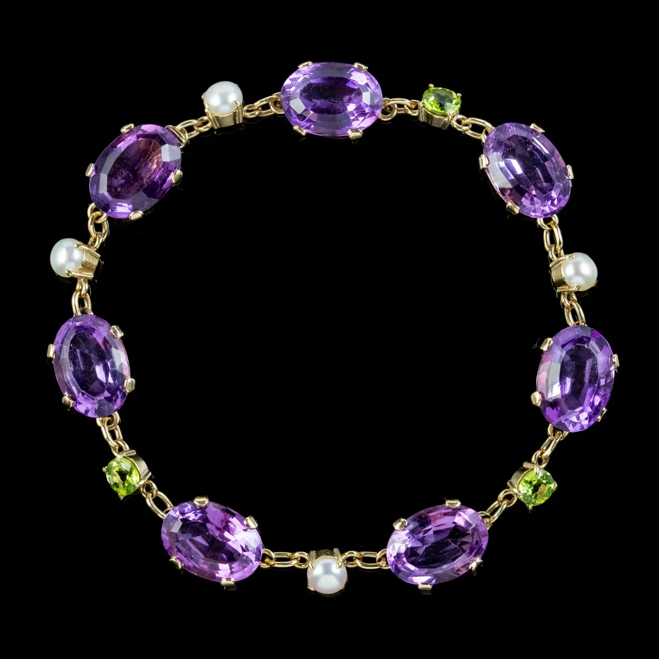 Vintage Scottish Suffragette Bracelet Amethyst Pearl Peridot 9ct Gold Dated 1967