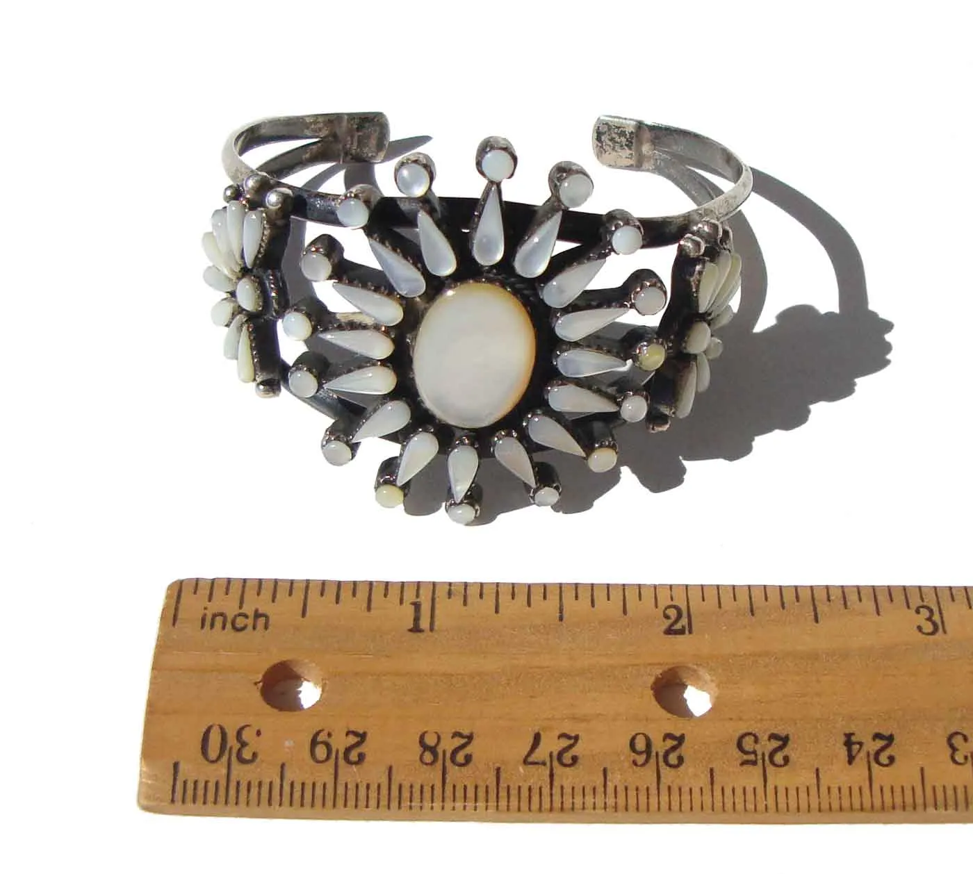 Vintage Zuni Cluster Bracelet Sterling & Mother of Needlepoint