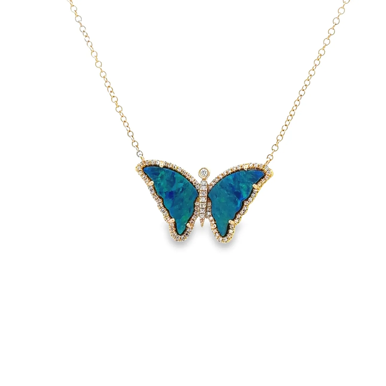 WD1326 14kt Gold Opal Winged and Pave Diamond Detailed Butterfly Necklace