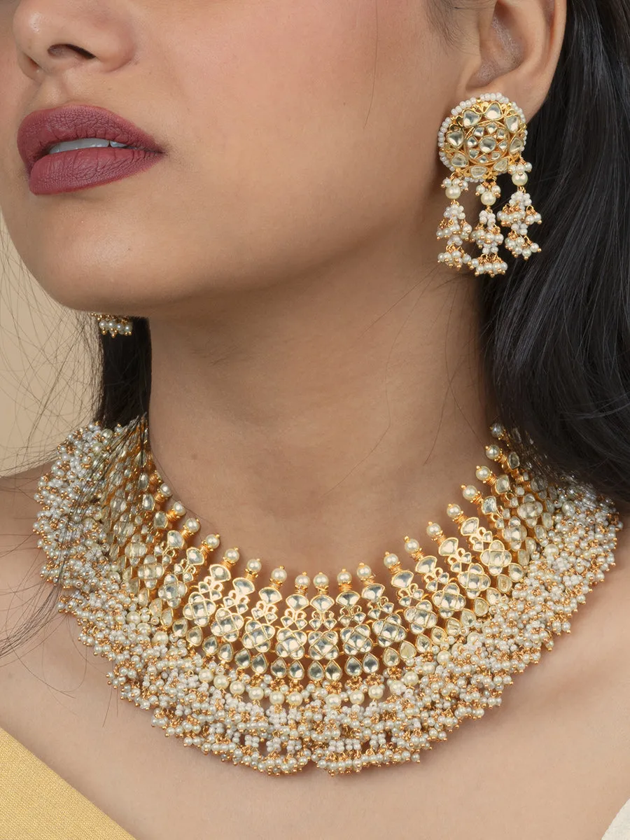 White Color Gold Plated Jadau Kundan Necklace Set - MS1880Y