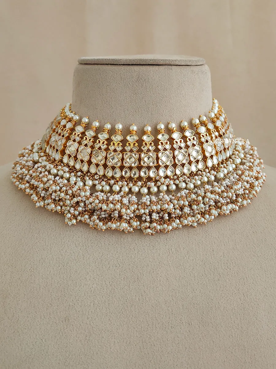 White Color Gold Plated Jadau Kundan Necklace Set - MS1880Y