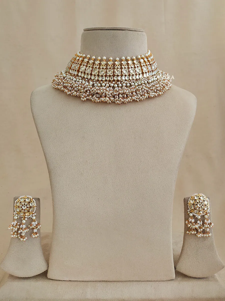 White Color Gold Plated Jadau Kundan Necklace Set - MS1880Y