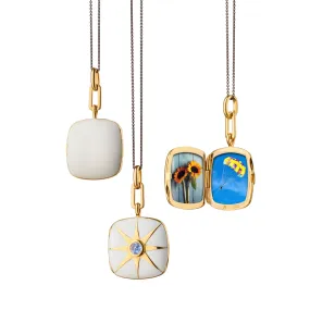 WHITE ENAMEL VERMEIL CUSHION LOCKET WITH BLUE SAPPHIRE