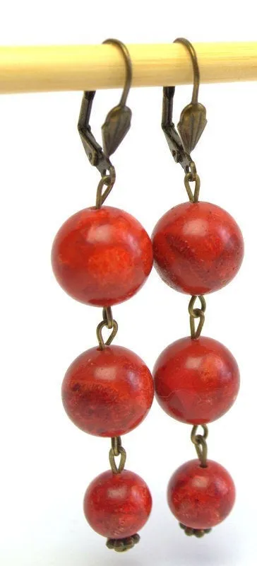 Woman Earrings Red Sponge Coral Earrings Long dangle earrings red gemstone antique bronze accents Ukrainian ethnic jewelry Personalized gift