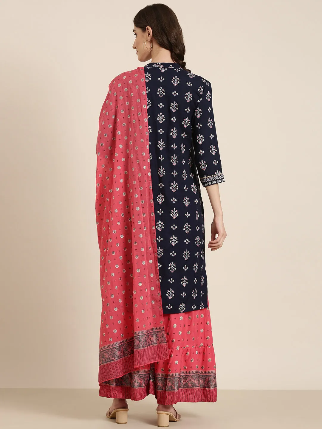 Women Navy Blue Floral Kurta Set