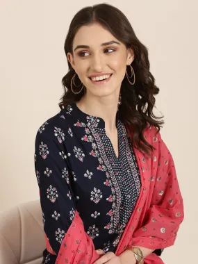 Women Navy Blue Floral Kurta Set