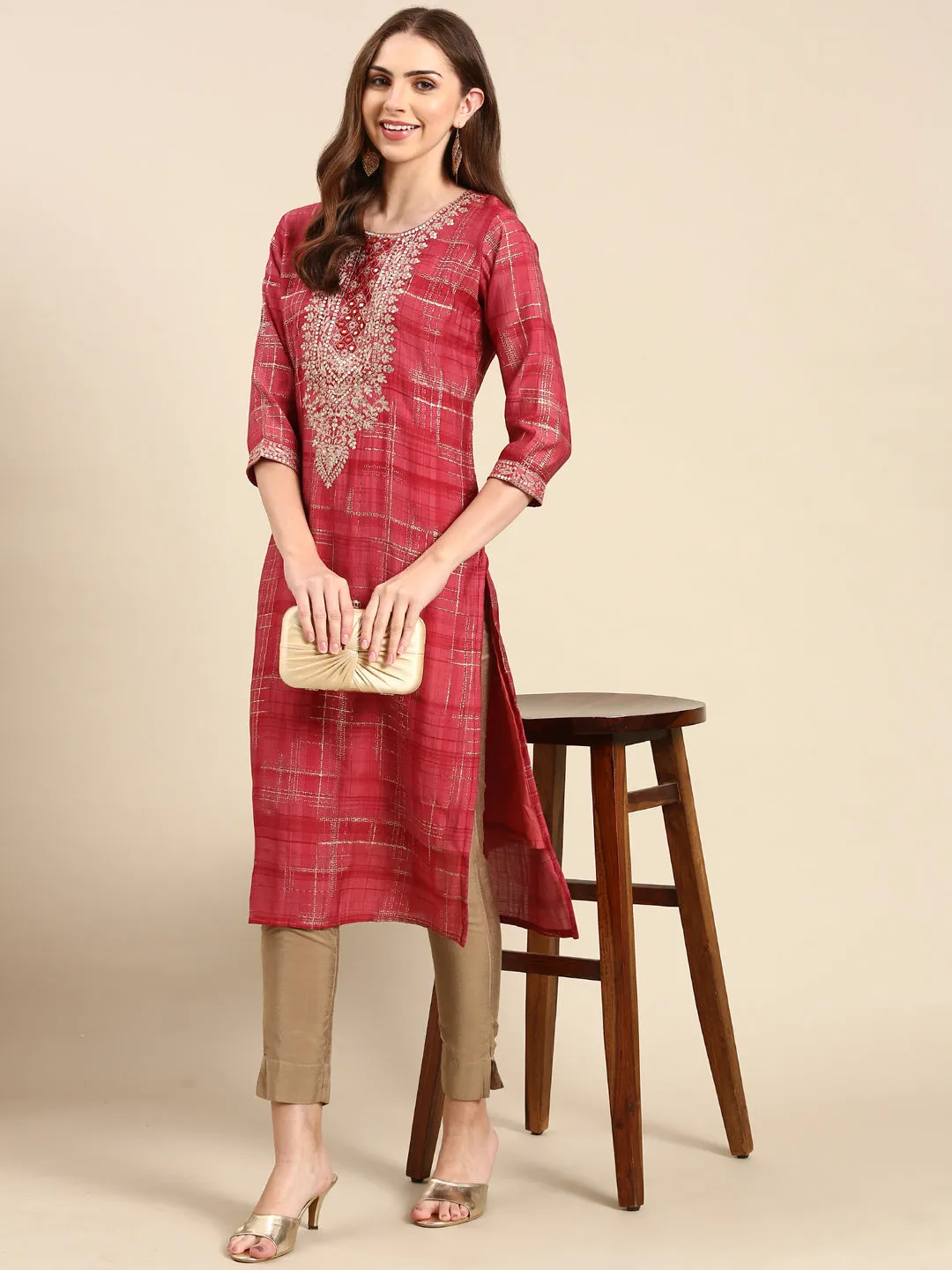 Women's Coral Embellished Straight Kurta