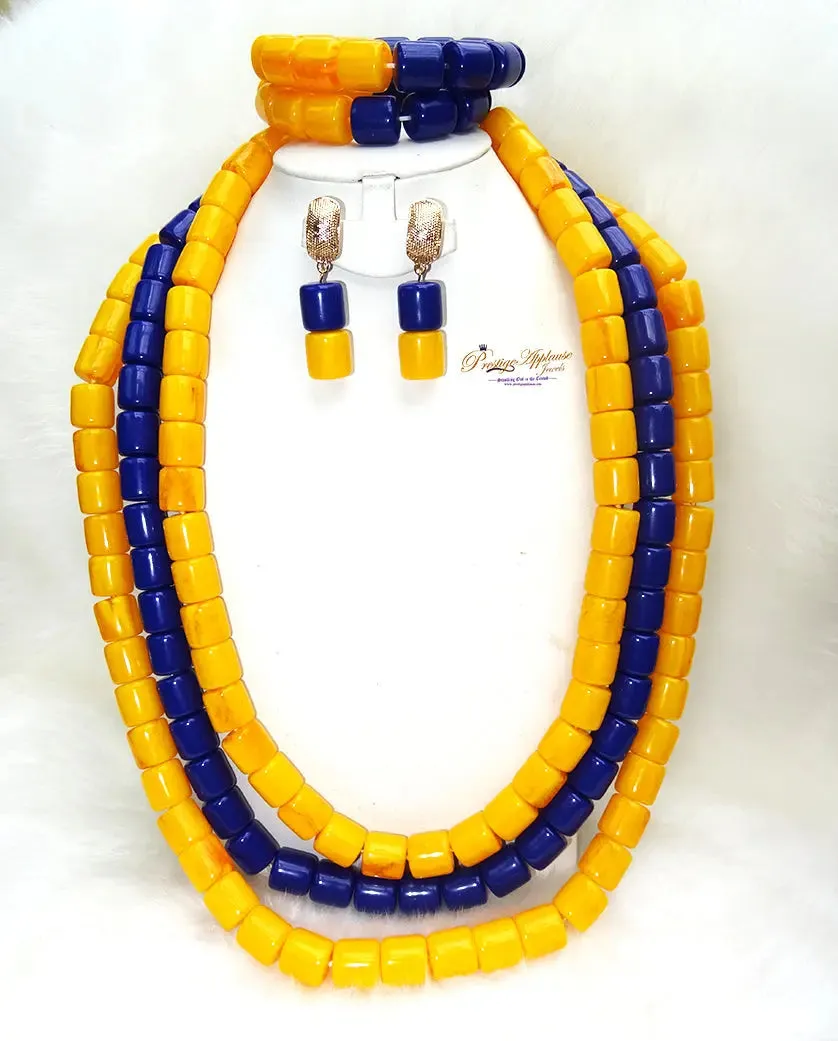 Yellow & Purple Nigerian Ethnic Arcylic Coral wedding White Necklace Jewellery Set