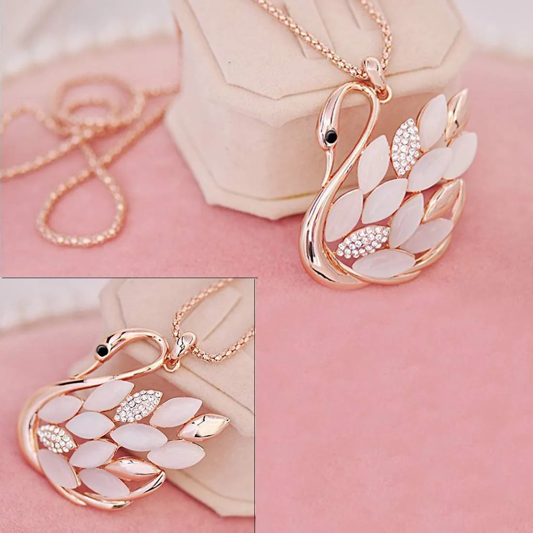 Yellow Chimes Golden Swan Opal Crystal Stylish Long Chain Pendant Necklace for Girls and Women