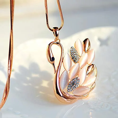 Yellow Chimes Golden Swan Opal Crystal Stylish Long Chain Pendant Necklace for Girls and Women