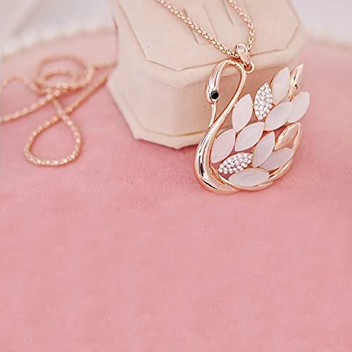 Yellow Chimes Golden Swan Opal Crystal Stylish Long Chain Pendant Necklace for Girls and Women