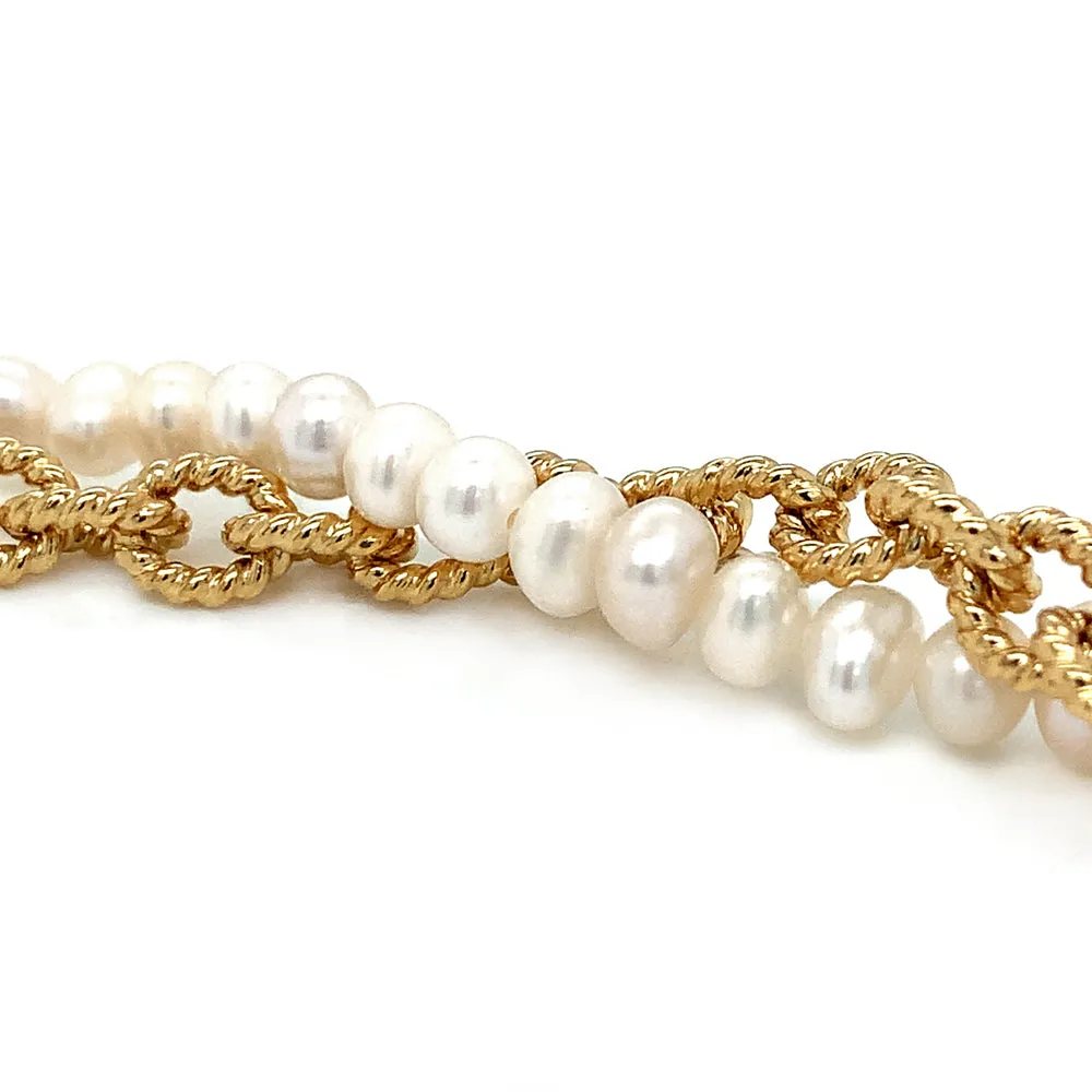 Yellow Gold Plate & Pearl Textured Link Necklace - "Charly"