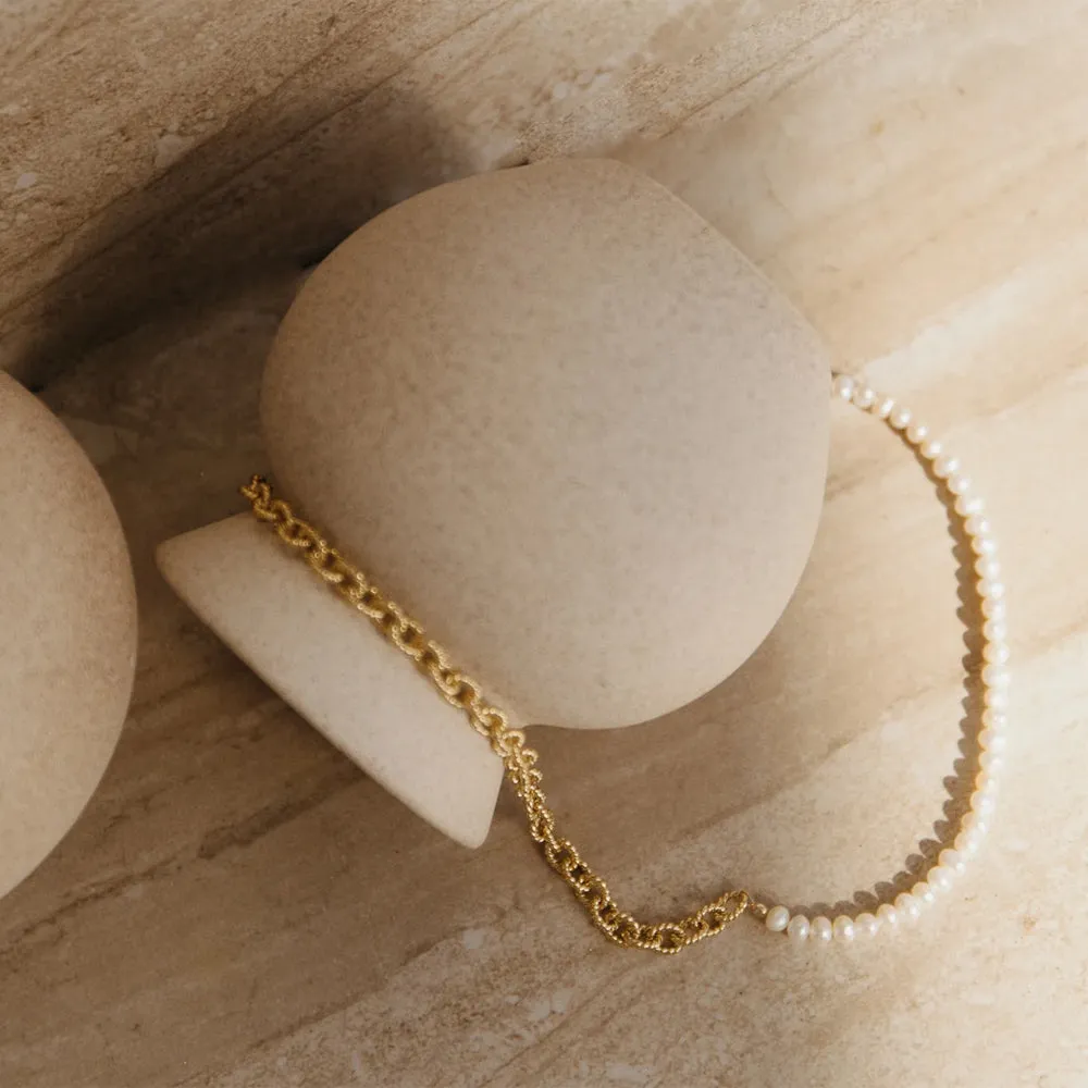 Yellow Gold Plate & Pearl Textured Link Necklace - "Charly"